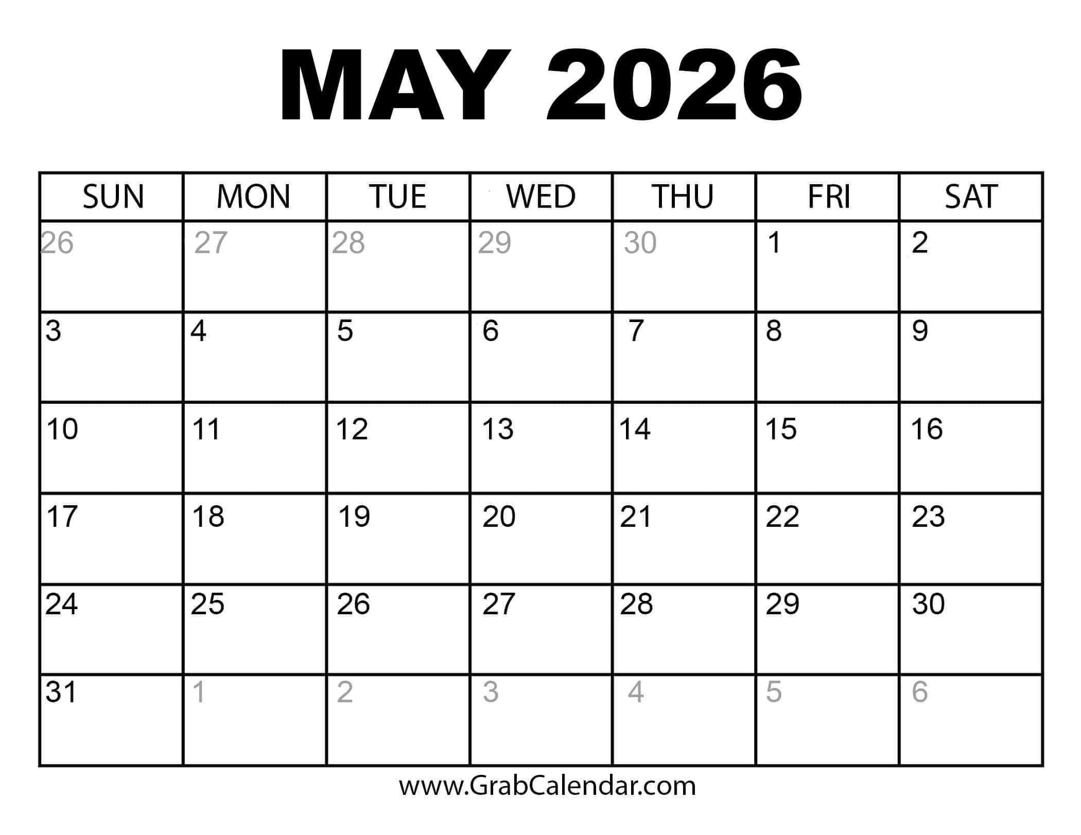 Printable May 2026 Calendar with August 2025 - May 2026 Calendar Printable