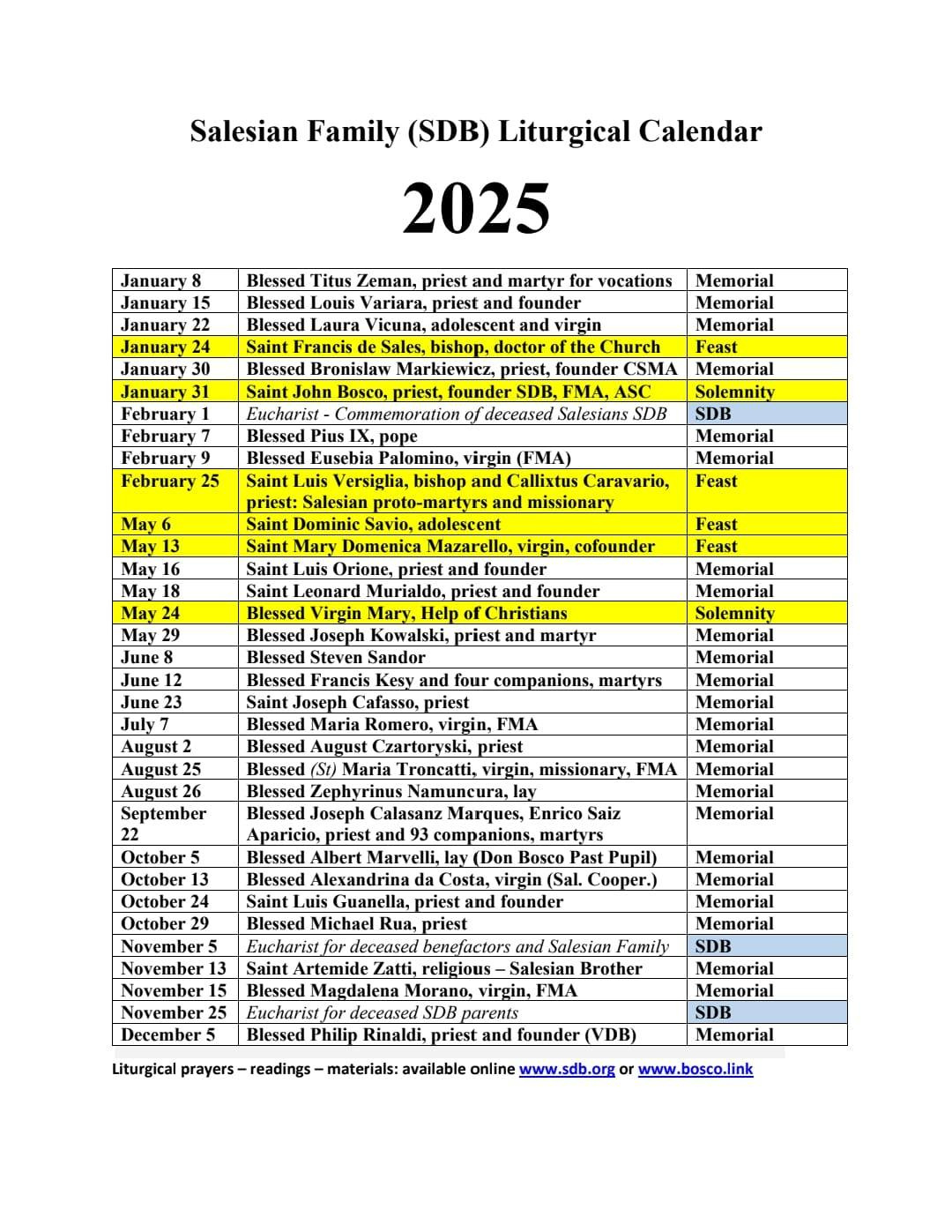 Resource - 2025 Salesian Family Calendar - Liturgy Prayer Intentions with regard to August Saints Calendar 2025