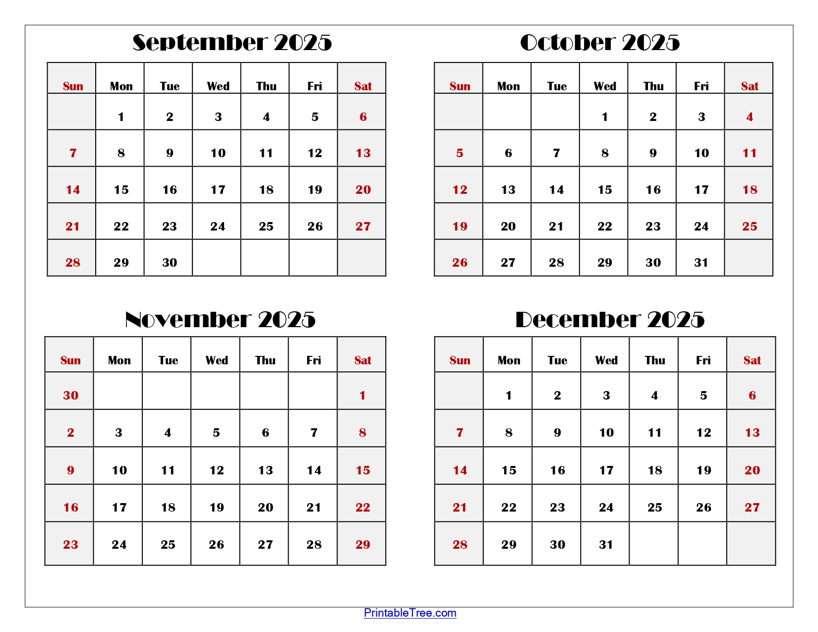 September To December 2025 Calendar Printable Pdf | Four Months in August September October November December 2025 Calendar
