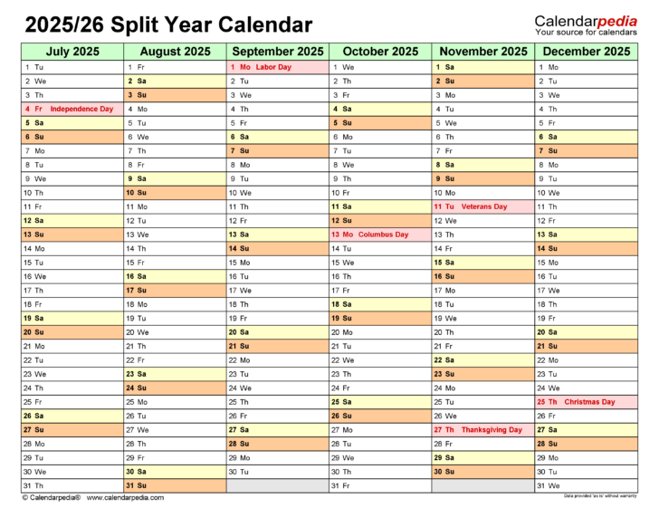 August 2025 – June 2026 Calendar