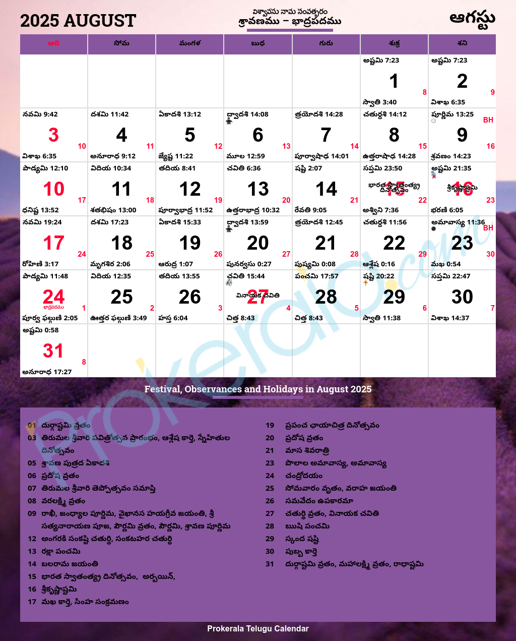 Telugu Calendar 2025, August in Telugu Calendar August 2025