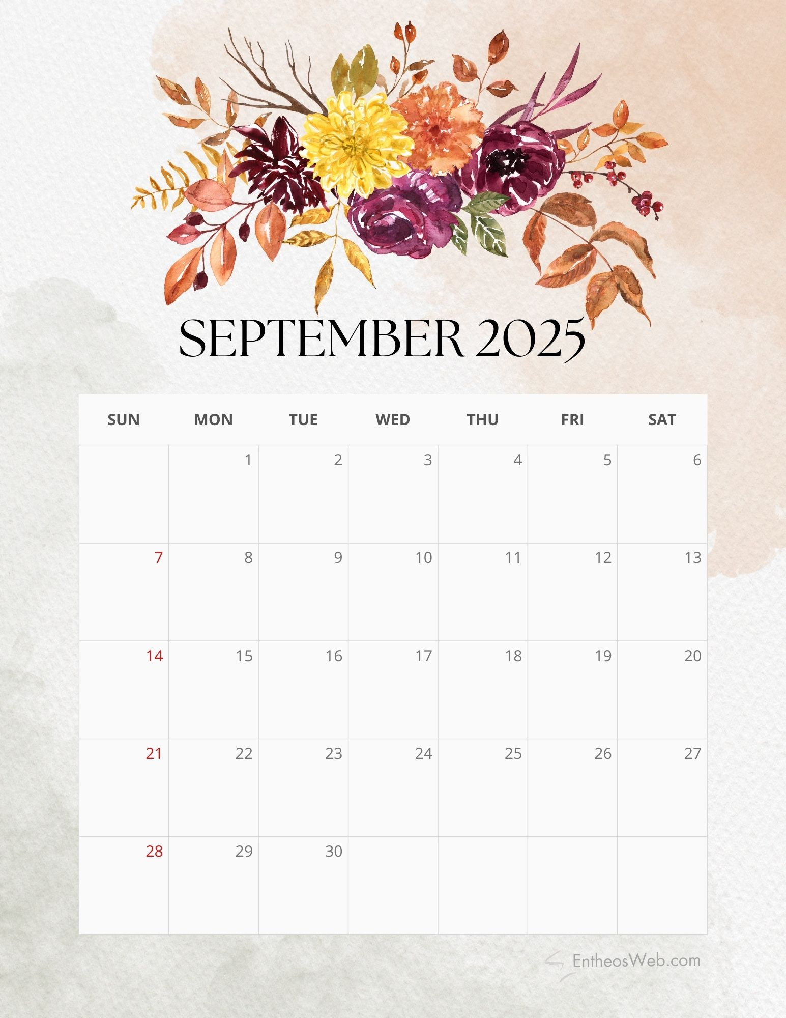 2025 Floral Monthly Calendar Free Pdf Printable | Entheosweb throughout September 2025 Calendar Flowers