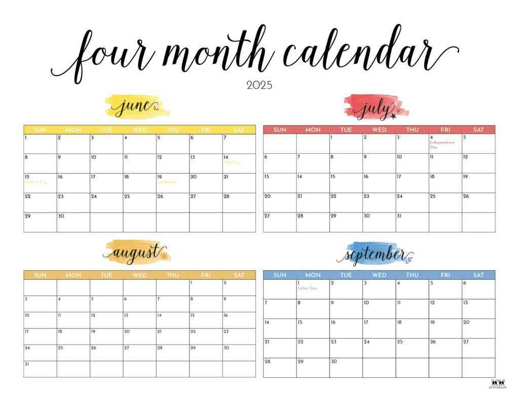2025 Four Month Calendars - 31 Free Printables | Printabulls for 4 Month Calendar June Through September 2025