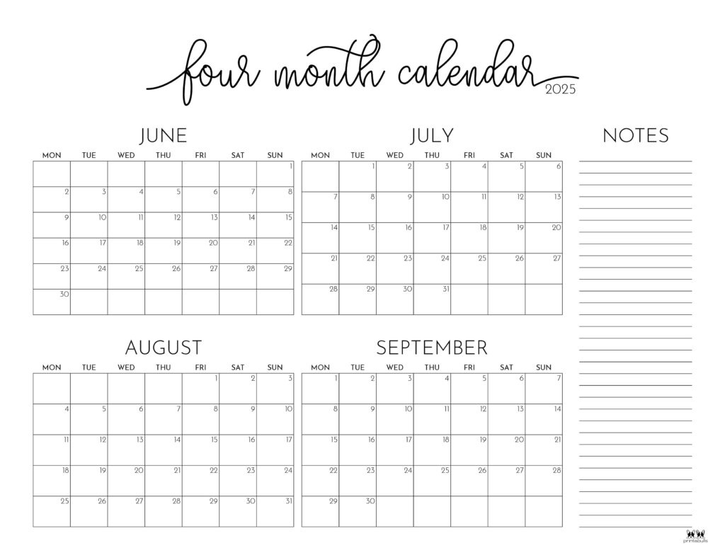 2025 Four Month Calendars - 31 Free Printables | Printabulls intended for Free Printable Calendar July September 2025