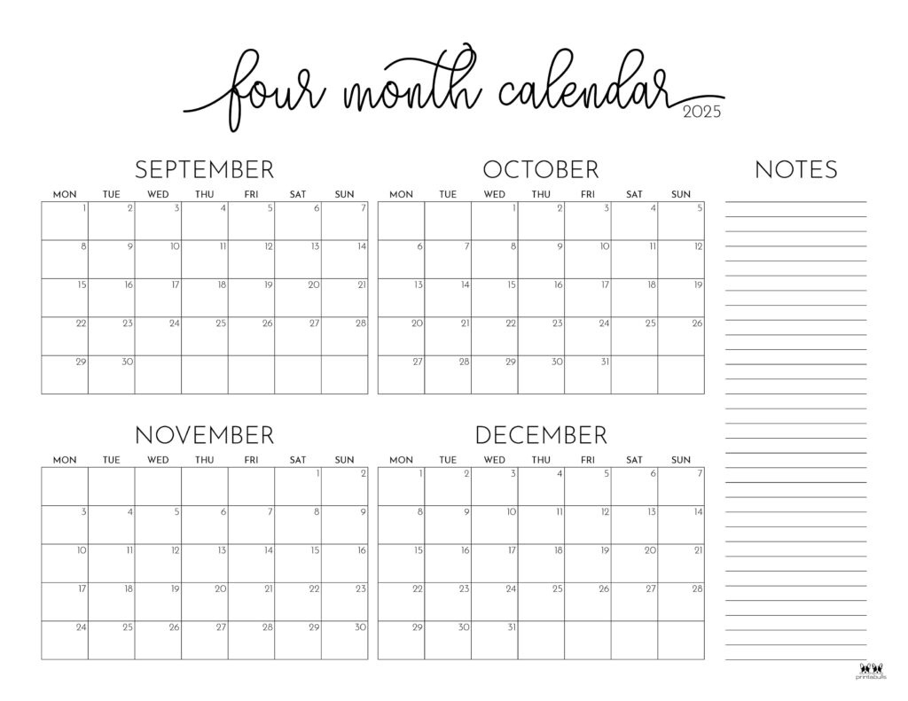 2025 Four Month Calendars - 31 Free Printables | Printabulls with regard to Printable Calendar 2025 September October November