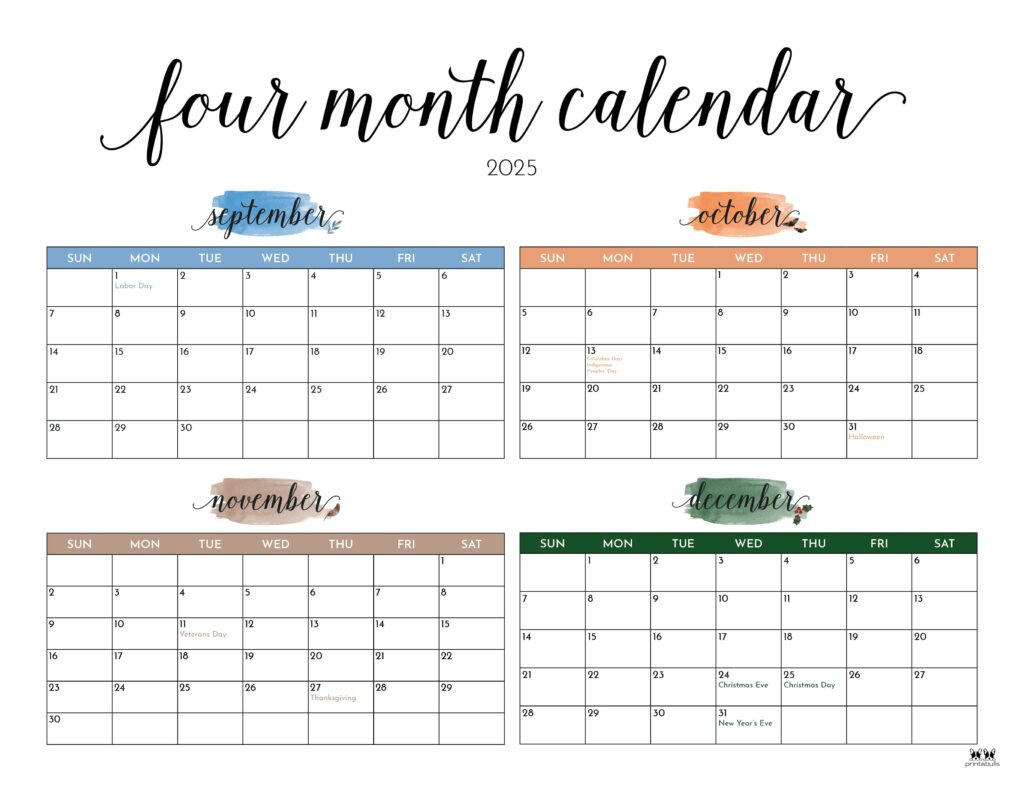 2025 Four Month Calendars - 31 Free Printables | Printabulls with September - December 2025 Calendar