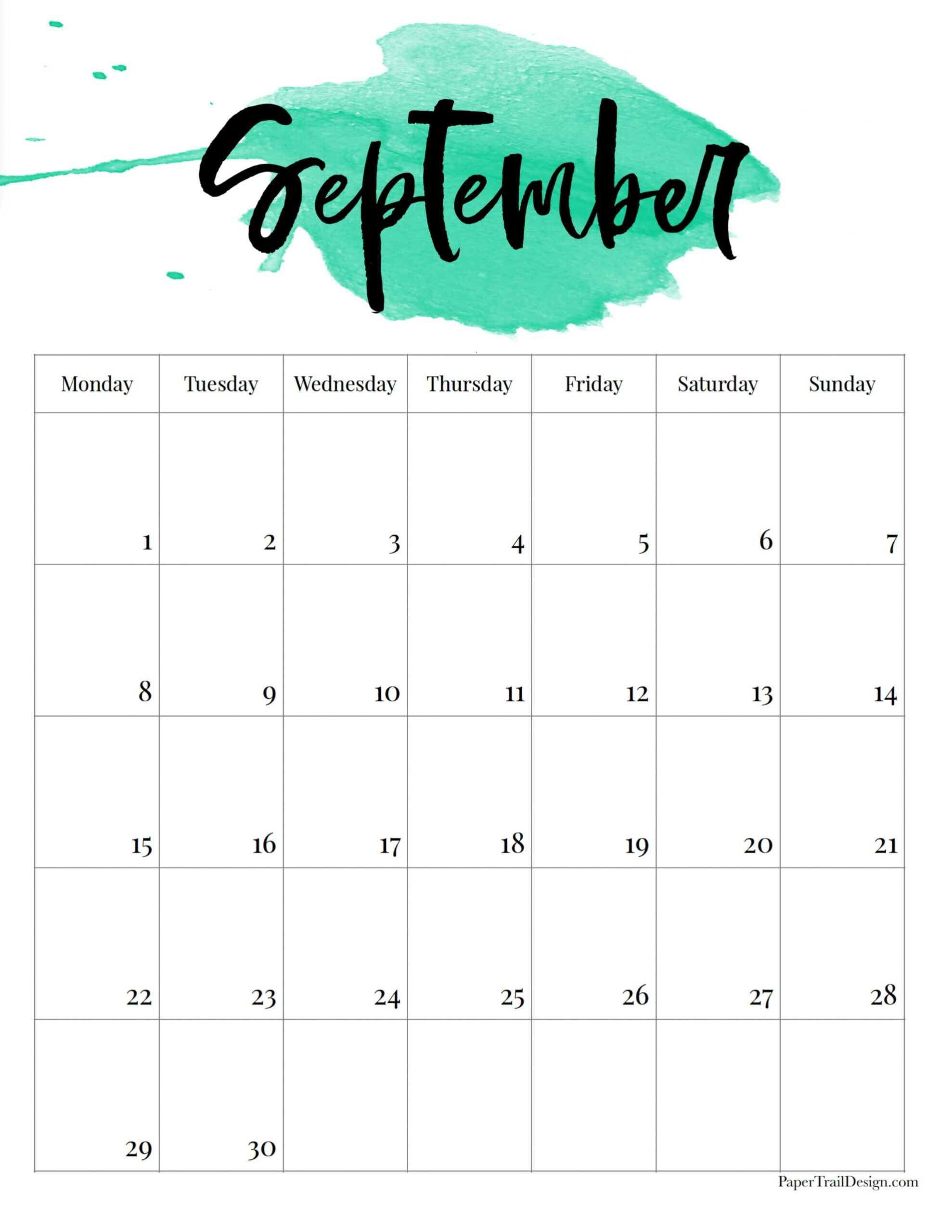 2025 Monday Start Watercolor Calendar - Paper Trail Design for September 2025 Calendar Printable Monday Start