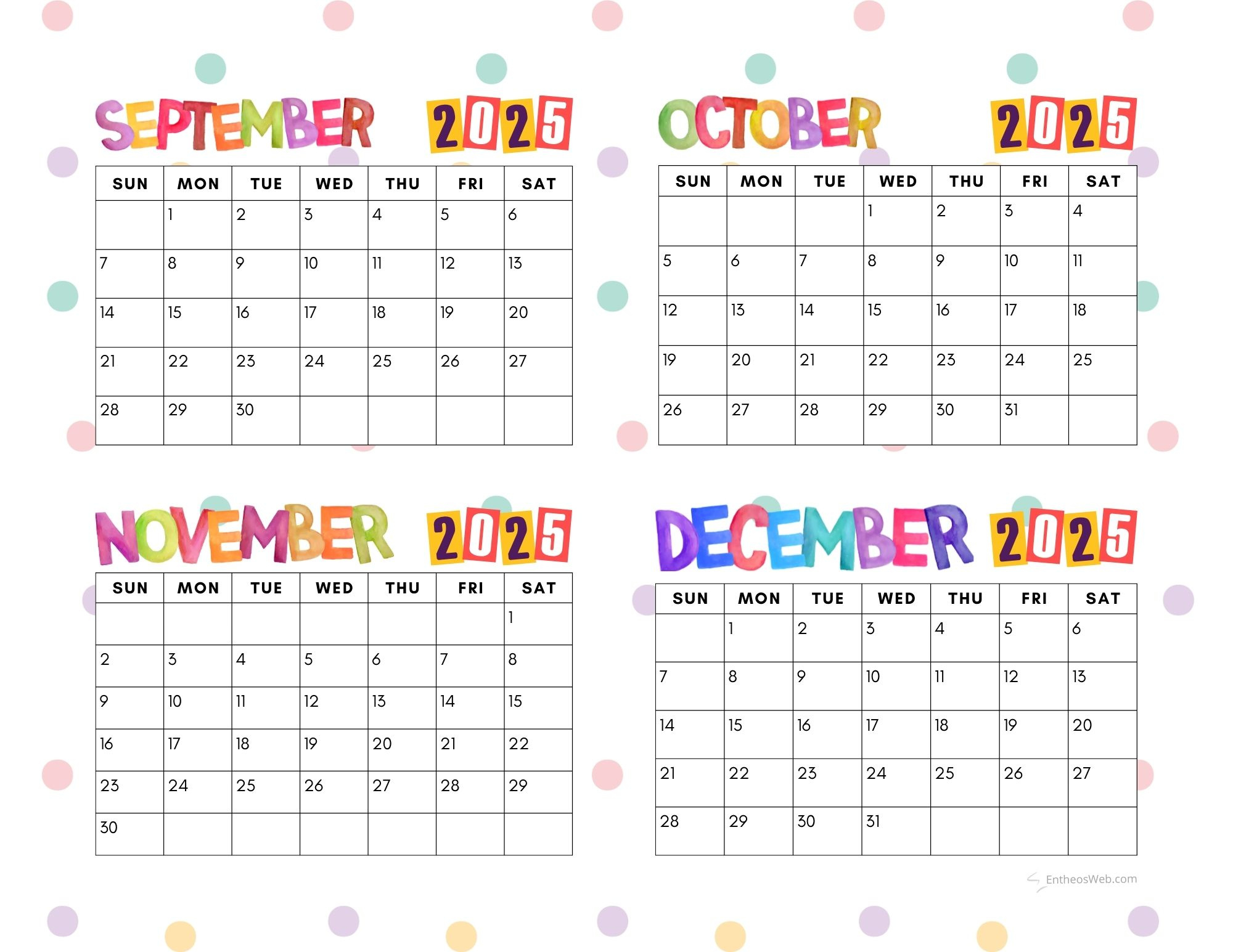 4 Month Calendar Printables – September, October, November And with Calendar September 2025 to December 2025