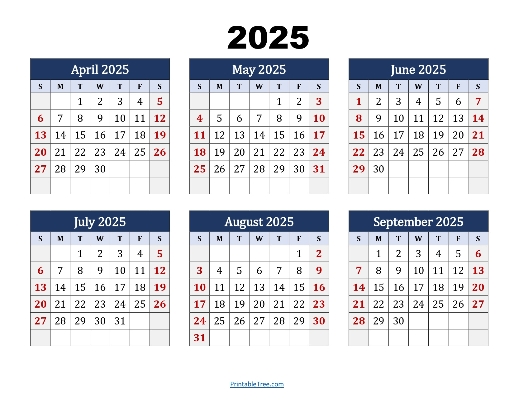 April To September 2025 Calendar Printable Pdf | Six Months Calendar with April to September 2025 Calendar