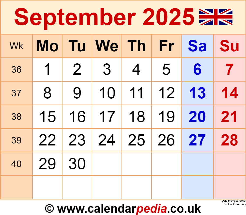Calendar September 2025 Uk With Pdf, Excel And Word Templates regarding Printable Calendar September 2025 Uk