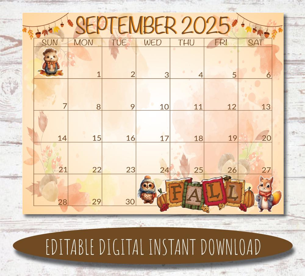 Editable September 2025 Calendar | Digital Calendar | Printable pertaining to September 2025 Calendar Etsy