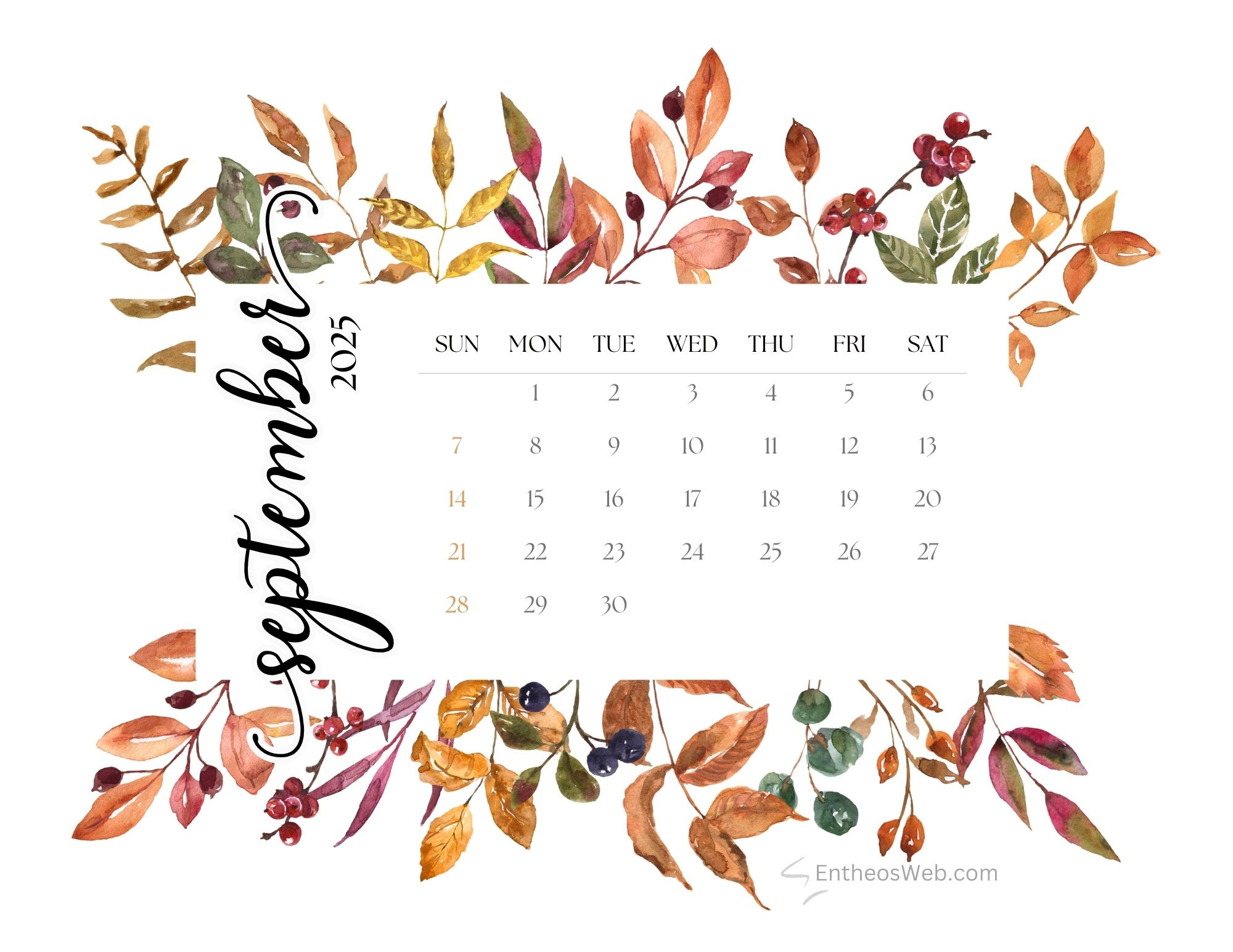 Free Printable September 2025 Calendars | Entheosweb intended for September 2025 Desktop Calendar