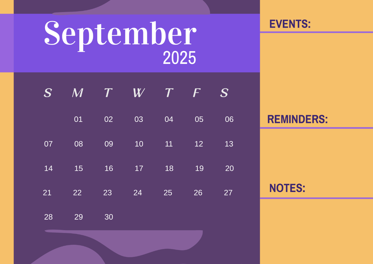 Free September 2025 Calendar With Events Column Template To Edit within September Calendar Events 2025