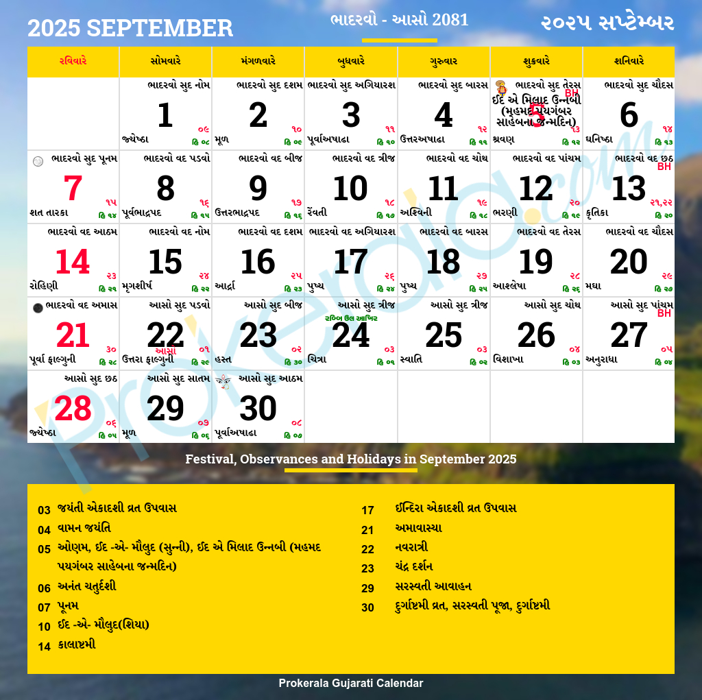 Gujarati Calendar September, 2025 | Vikram Samvat 2081, Bhadarvo, Aso intended for Gujarati Calendar 2025 September