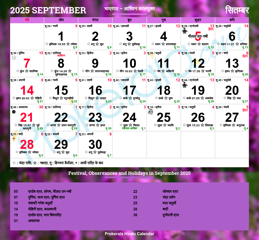 Hindu Calendar 2025, September in September 2025 Calendar With Holidays