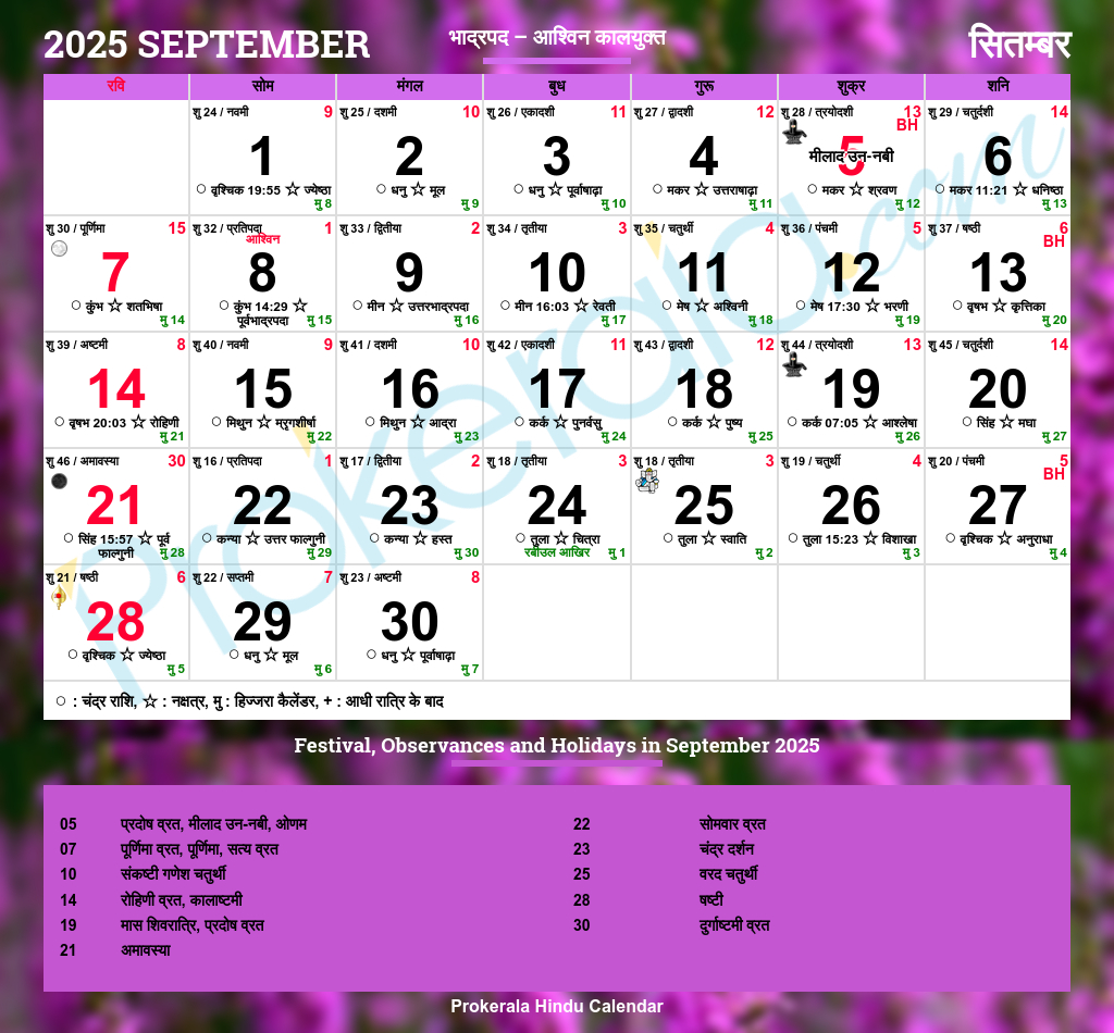 Hindu Calendar 2025, September with 2025 September Calender