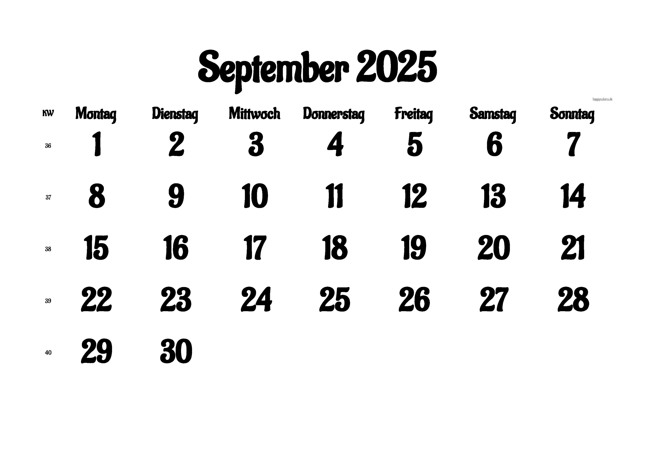 Kalender September 2025 Zum Ausdrucken (Pdf, Xls, Png) for September September 2025