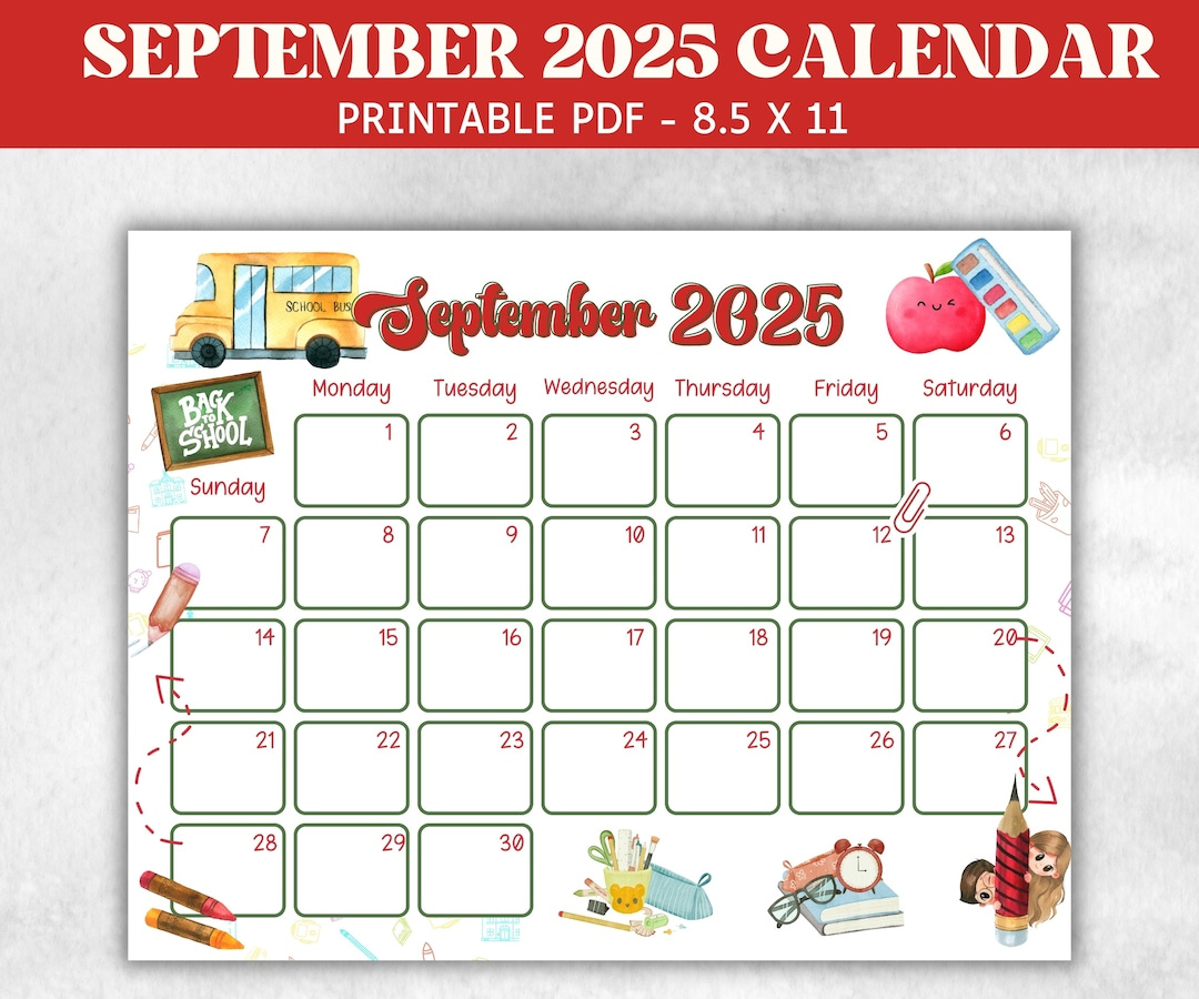 Kid September 2025 Calendar, Printable 2025 Calendar, Homeschool in September 2025 Calendar Homemade Gifts