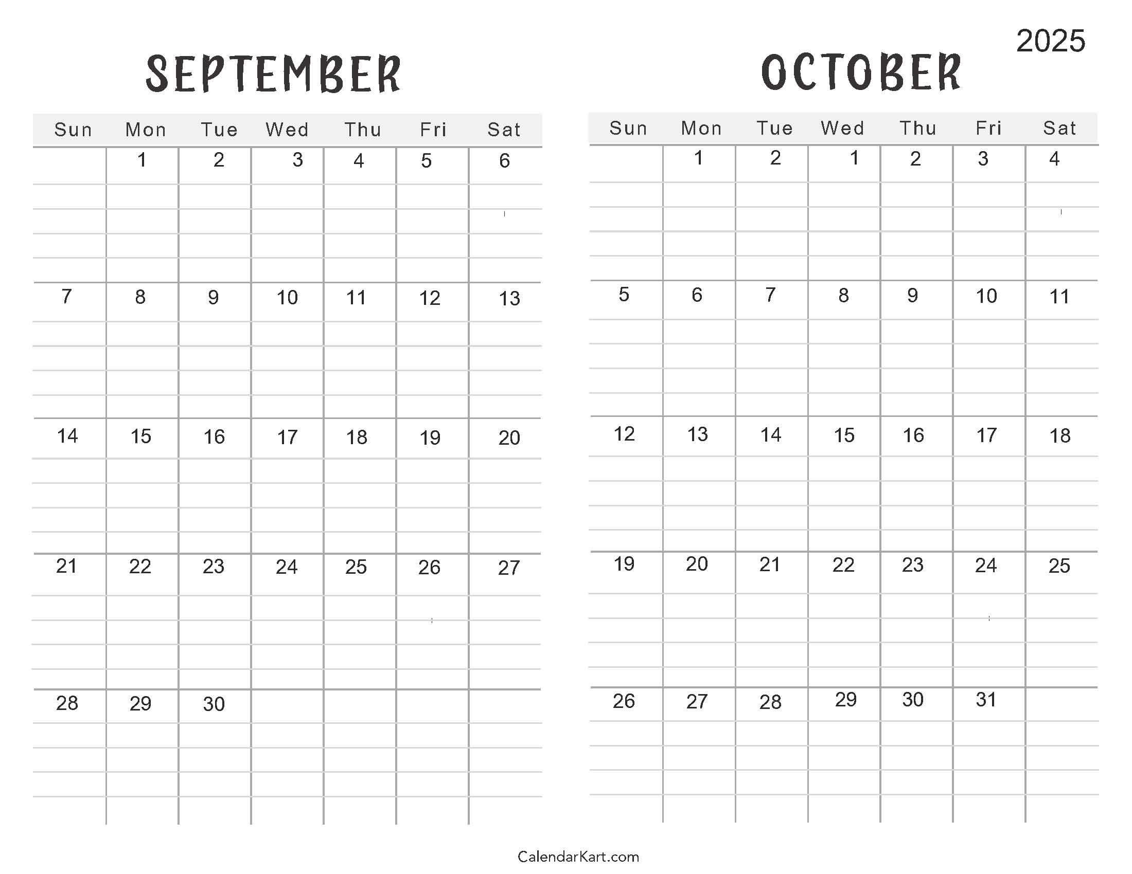 Printable September October 2025 Calendar | Calendarkart regarding Blank Calendar For September and October 2025