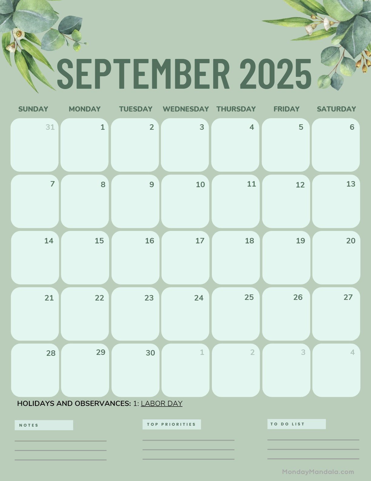September 2025 Calendar (52 Free Pdf Printables) pertaining to September 2025 Calendar Green