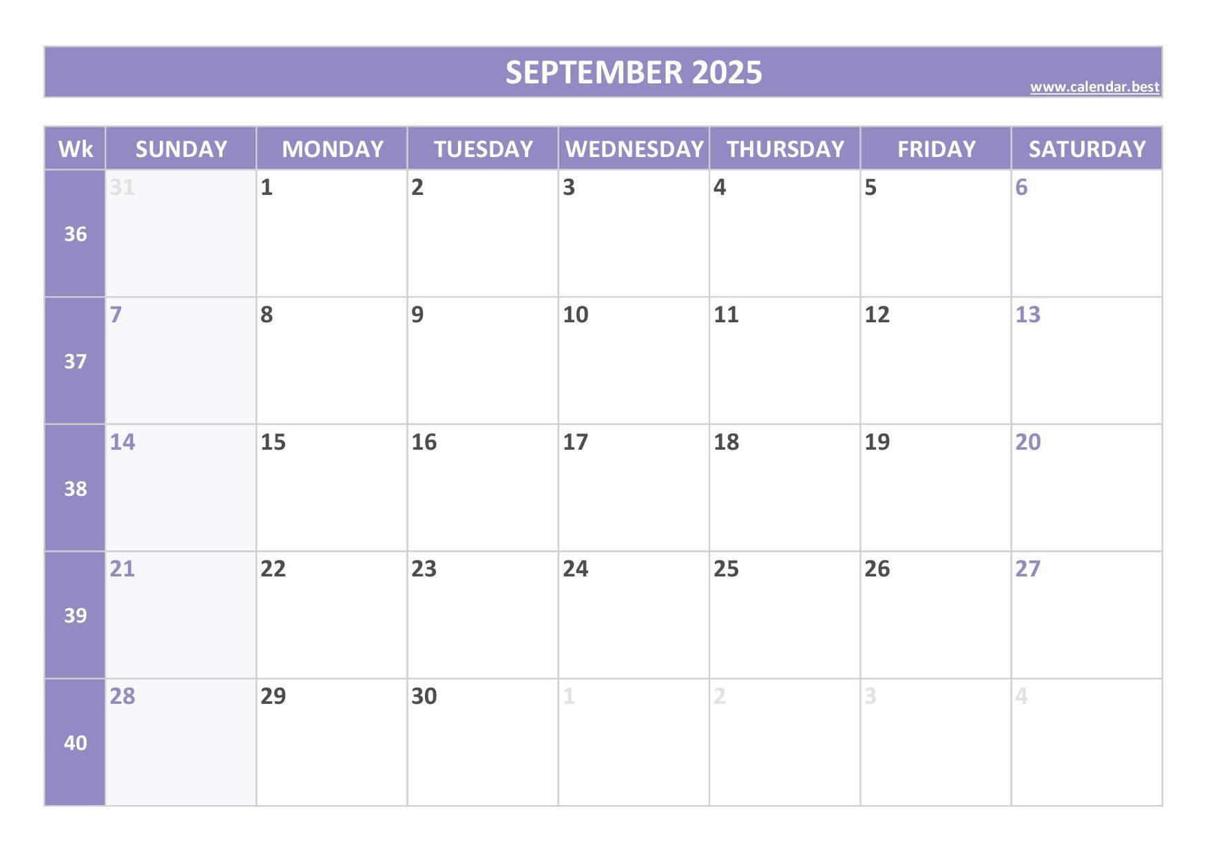 September 2025 Calendar -Calendar.best pertaining to Calendar September Week 2025