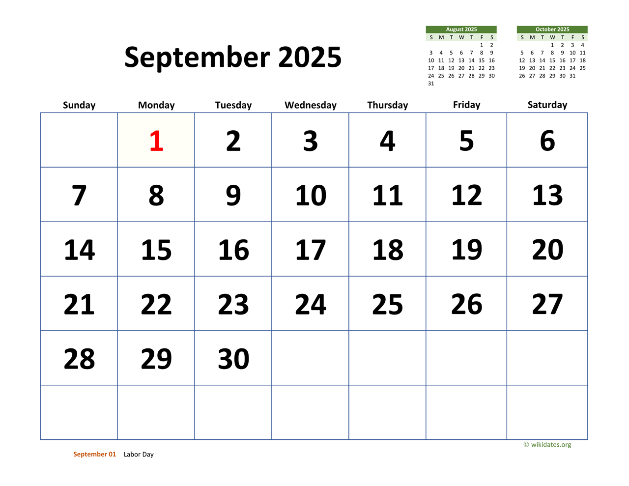 September 2025 Calendar With Extra-Large Dates | Wikidates within September 2025 Calendar with Days
