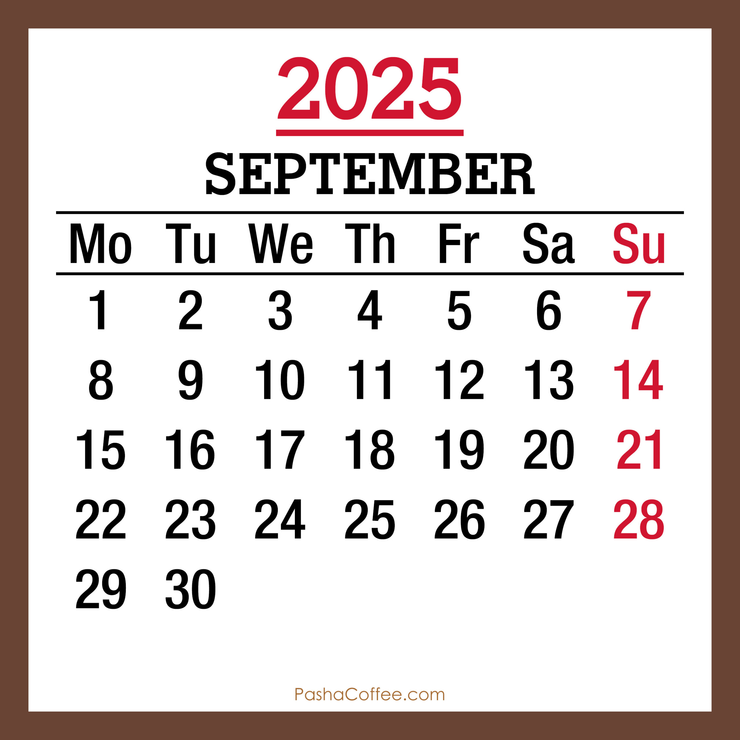 September 2025 Monthly Calendar, Printable Free, Brown, Monday with regard to September 2025 Calendar Printable Monday Start
