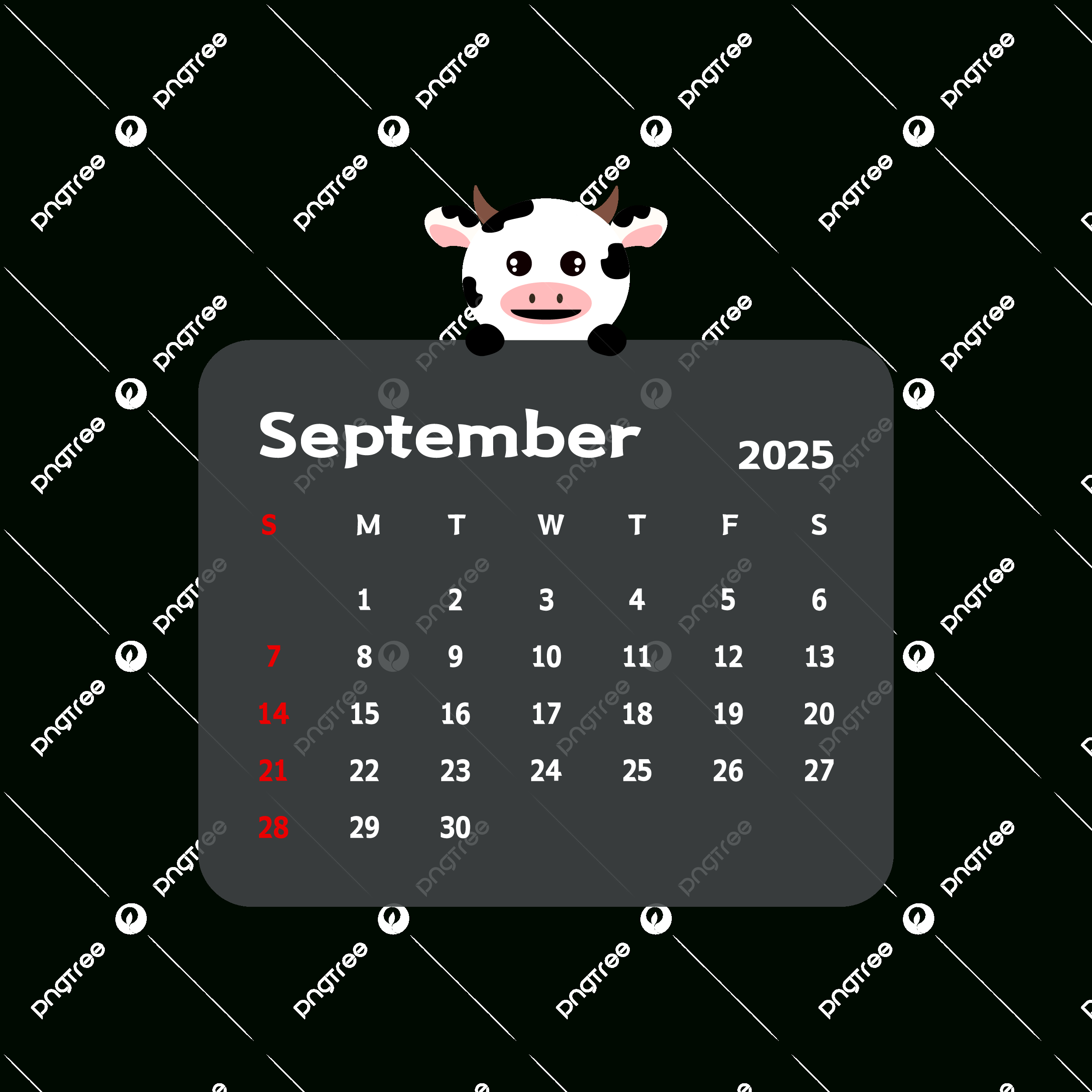 September 2025 Monthly Calendar With Cartoon Cow Vector, Cow with September 2025 Clipart