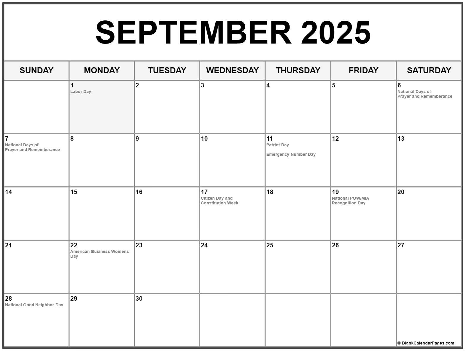 September 2025 With Holidays Calendar for September 2025 Calendar With Holiday
