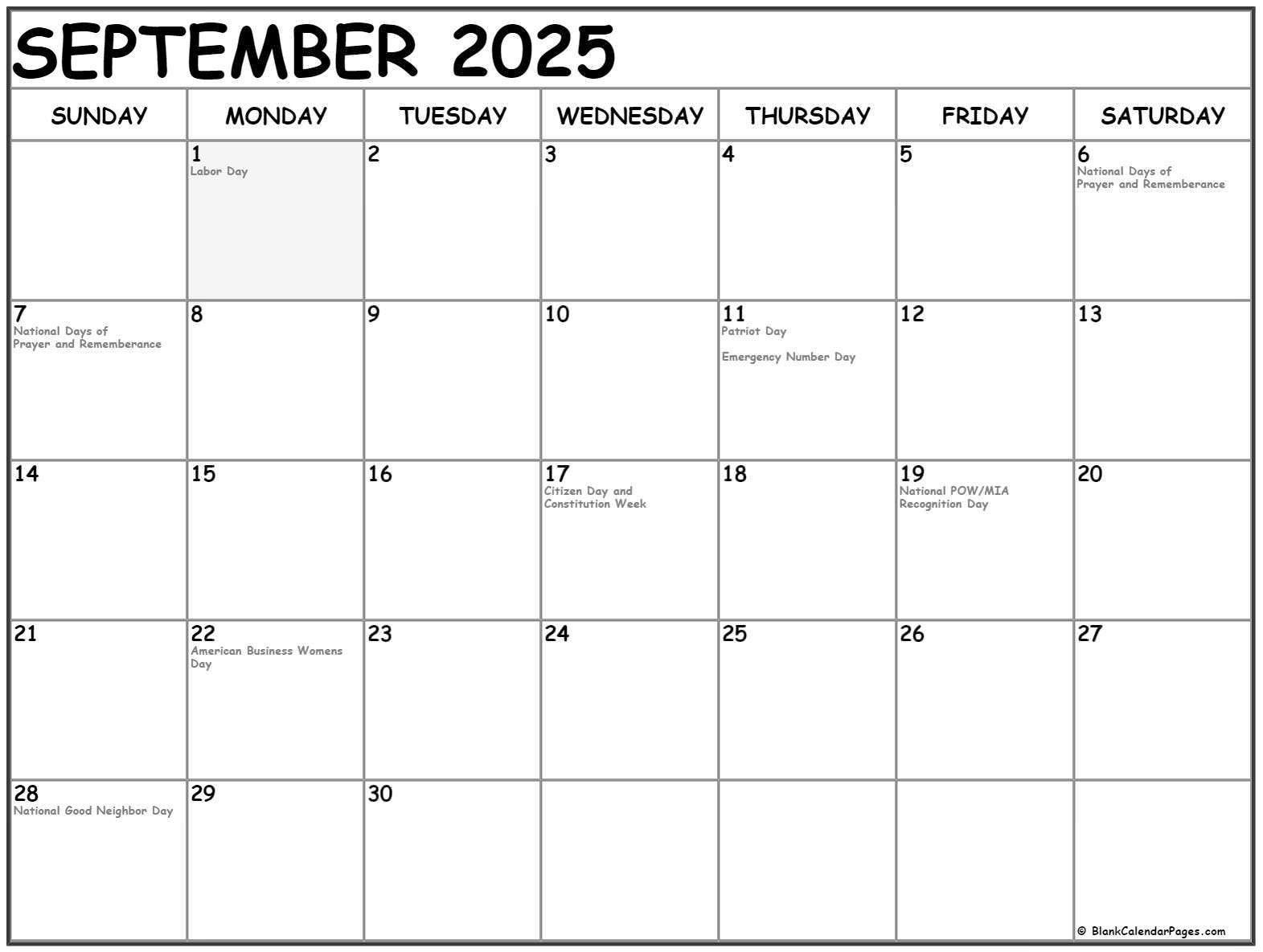 September 2025 With Holidays Calendar regarding September National Day Calendar 2025