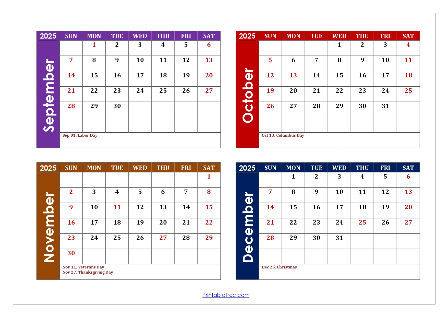 September To December 2025 Calendar Printable Pdf | Four Months inside September 2025 to December 2025 Calendar